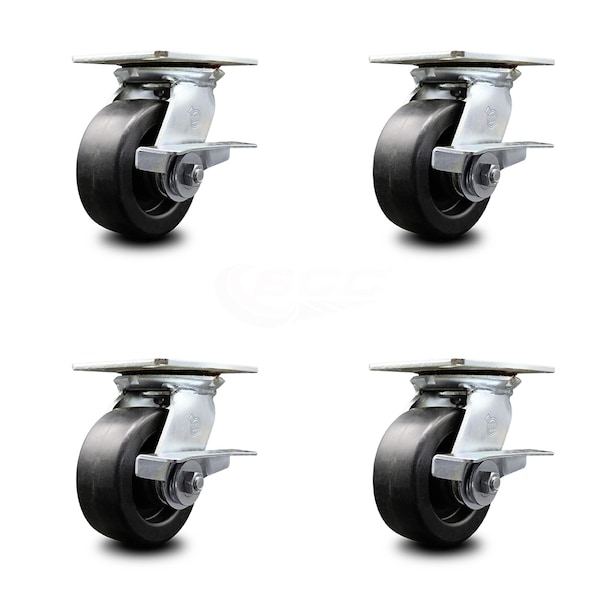 5 Inch Heavy Duty Polyolefin Caster Set with Ball Bearings and Brakes SCC
